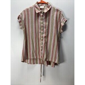 Ava James Women’s Linen/Rayon Shirt Top Striped Button Short Sleeve Tan  Sz S